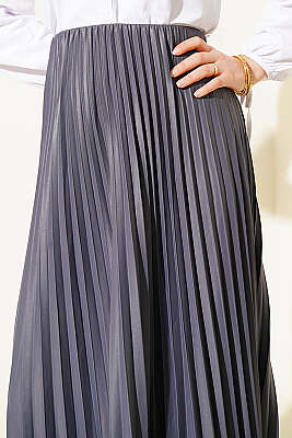 Deri Görünümlü Pileli Etek Füme - Etek