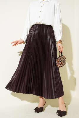 Deri Görünümlü Pileli Etek Kahve - BIGDART