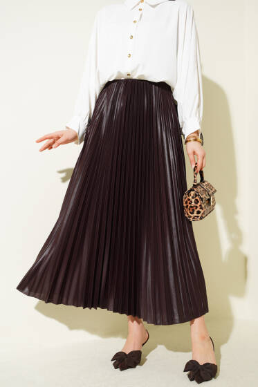 Deri Görünümlü Pileli Etek Kahve - Etek