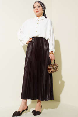 Deri Görünümlü Pileli Etek Kahve - Etek