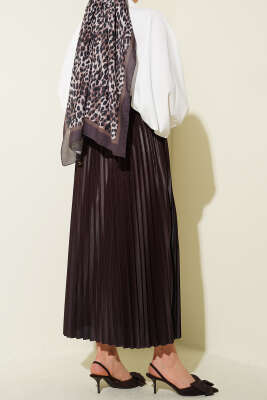 Deri Görünümlü Pileli Etek Kahve - Etek