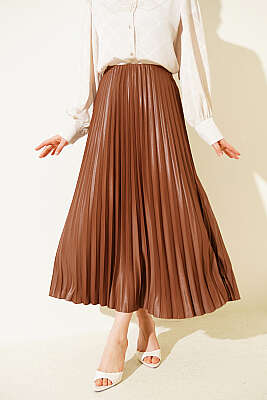 Deri Görünümlü Pileli Etek Kestane - BIGDART