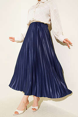 Deri Görünümlü Pileli Etek Lacivert - BIGDART