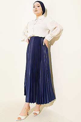 Deri Görünümlü Pileli Etek Lacivert - Etek