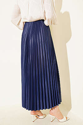 Deri Görünümlü Pileli Etek Lacivert - Etek