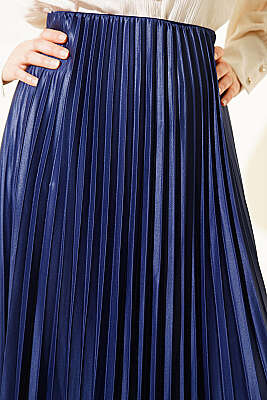 Deri Görünümlü Pileli Etek Lacivert - Etek