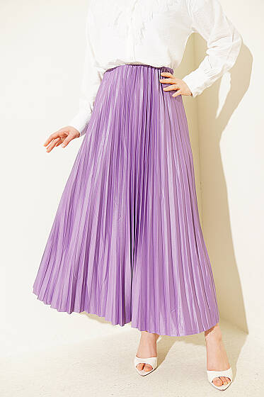 Deri Görünümlü Pileli Etek Lila - Etek