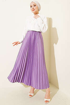 Deri Görünümlü Pileli Etek Lila - Etek