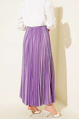 Deri Görünümlü Pileli Etek Lila - Etek