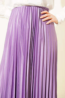 Deri Görünümlü Pileli Etek Lila - Etek