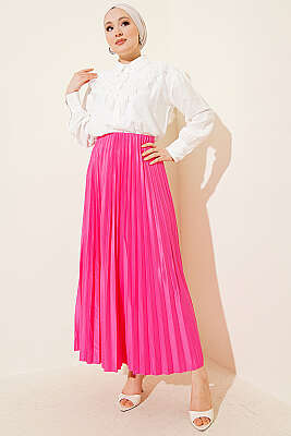 Deri Görünümlü Pileli Etek Pembe - Etek