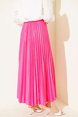 Deri Görünümlü Pileli Etek Pembe - Etek