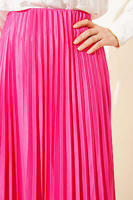 Deri Görünümlü Pileli Etek Pembe - Etek