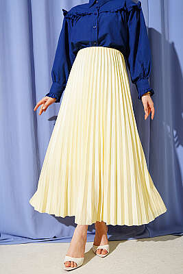 Deri Görünümlü Pileli Etek Sarı - BIGDART