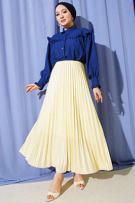 Deri Görünümlü Pileli Etek Sarı - Etek