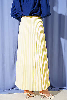 Deri Görünümlü Pileli Etek Sarı - Etek