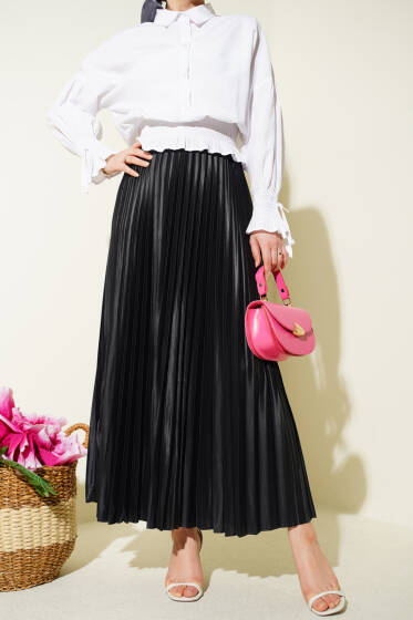 Deri Görünümlü Pileli Etek Siyah - Etek