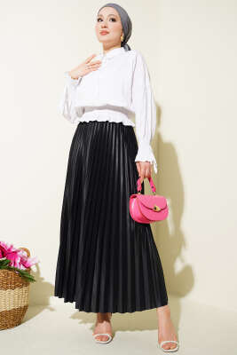 Deri Görünümlü Pileli Etek Siyah - Etek