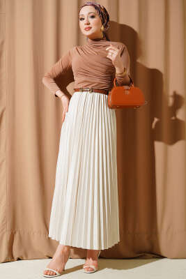 Deri Görünümlü Pileli Etek Taş - Etek