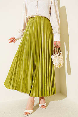 Deri Görünümlü Pileli Etek Yağ Yeşili - BIGDART