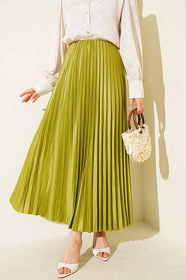 Deri Görünümlü Pileli Etek Yağ Yeşili - Etek