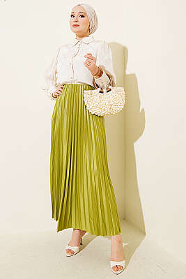 Deri Görünümlü Pileli Etek Yağ Yeşili - Etek