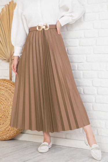Deri Görünümlü Piliseli Camel Etek - Uzun Etek
