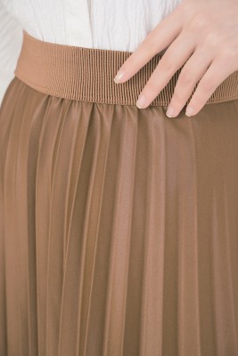 Deri Görünümlü Piliseli Camel Etek - Uzun Etek