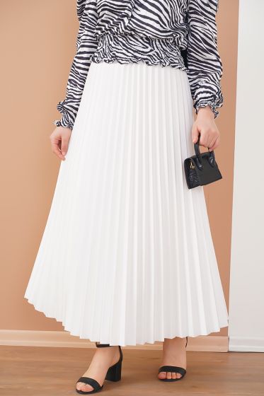 Deri Görünümlü Piliseli Ekru Etek - Uzun Etek