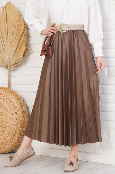 Deri Görünümlü Piliseli Kahve Etek - Uzun Etek