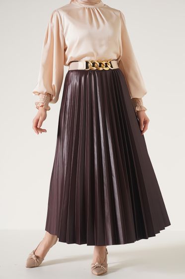 Deri Görünümlü Piliseli Kestane Etek - Uzun Etek