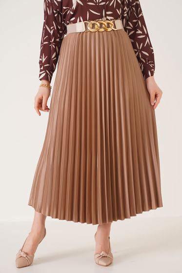 Deri Görünümlü Piliseli Latte Etek - Uzun Etek