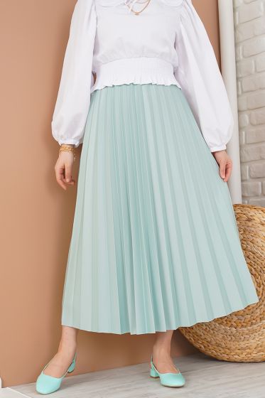 Deri Görünümlü Piliseli Mint Etek - Uzun Etek