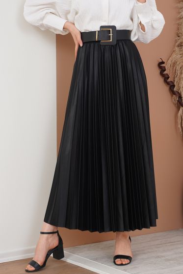 Deri Görünümlü Piliseli Siyah Etek - Uzun Etek