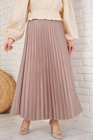 Deri Görünümlü Piliseli Vizon Etek - Uzun Etek