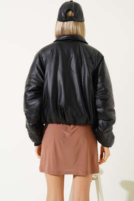 Deri Görünümlü Şişme Mont Siyah - Kadın Giyim Modelleri