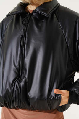 Deri Görünümlü Şişme Mont Siyah - Kadın Giyim Modelleri