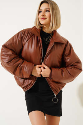 Deri Görünümlü Şişme Mont Taba - Kadın Giyim Modelleri