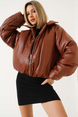 Deri Görünümlü Şişme Mont Taba - Kadın Giyim Modelleri