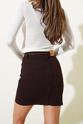 Deri İp Bağcıklı Mini Kot Etek Kahve - Kadın Giyim Modelleri