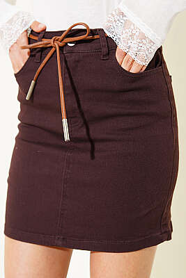 Deri İp Bağcıklı Mini Kot Etek Kahve - Kadın Giyim Modelleri