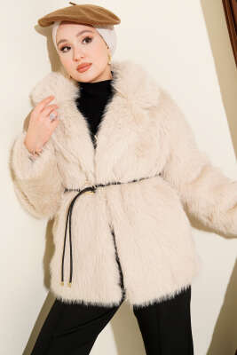 Deri İp Kuşaklı Kürk Mont Bej - Mont