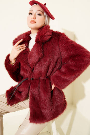 Deri İp Kuşaklı Kürk Mont Bordo - Mont