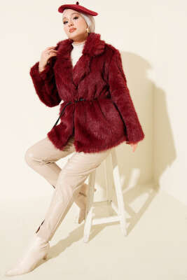 Deri İp Kuşaklı Kürk Mont Bordo - Mont