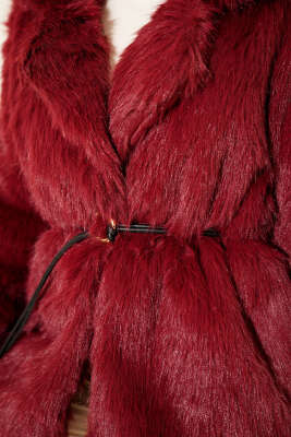 Deri İp Kuşaklı Kürk Mont Bordo - Mont