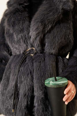 Deri İp Kuşaklı Kürk Mont Füme - Mont