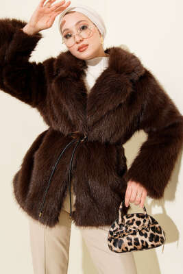 Deri İp Kuşaklı Kürk Mont Kahve - BERAT TEKSTİL