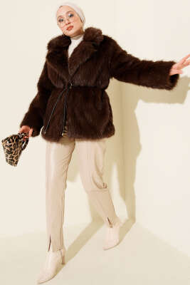 Deri İp Kuşaklı Kürk Mont Kahve - Mont