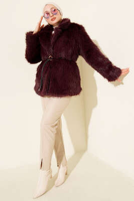 Deri İp Kuşaklı Kürk Mont Mor - Mont