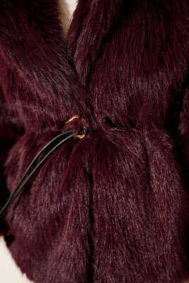 Deri İp Kuşaklı Kürk Mont Mor - Mont